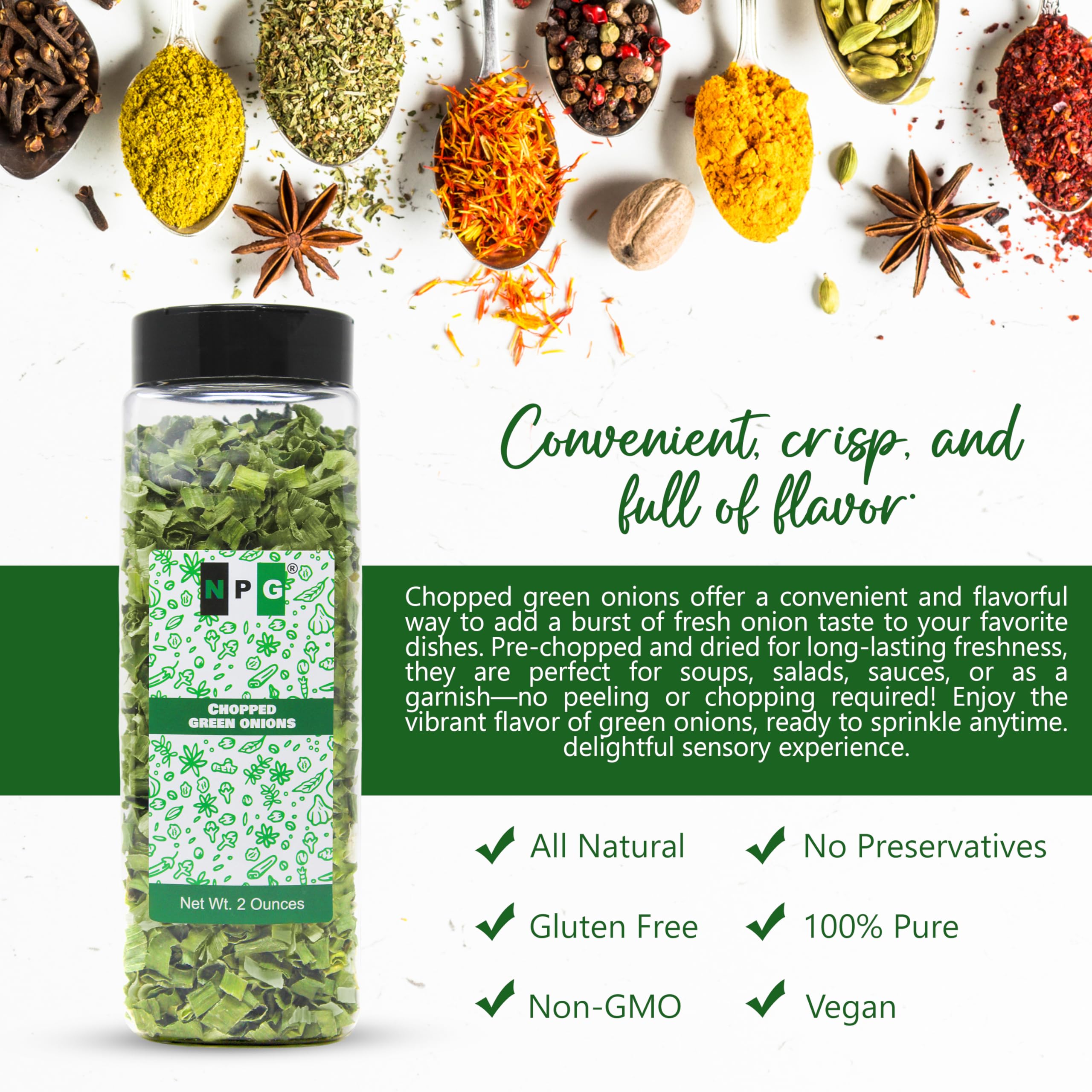 NPG freeze-dried green onions in a kitchen jar for easy garnishing.