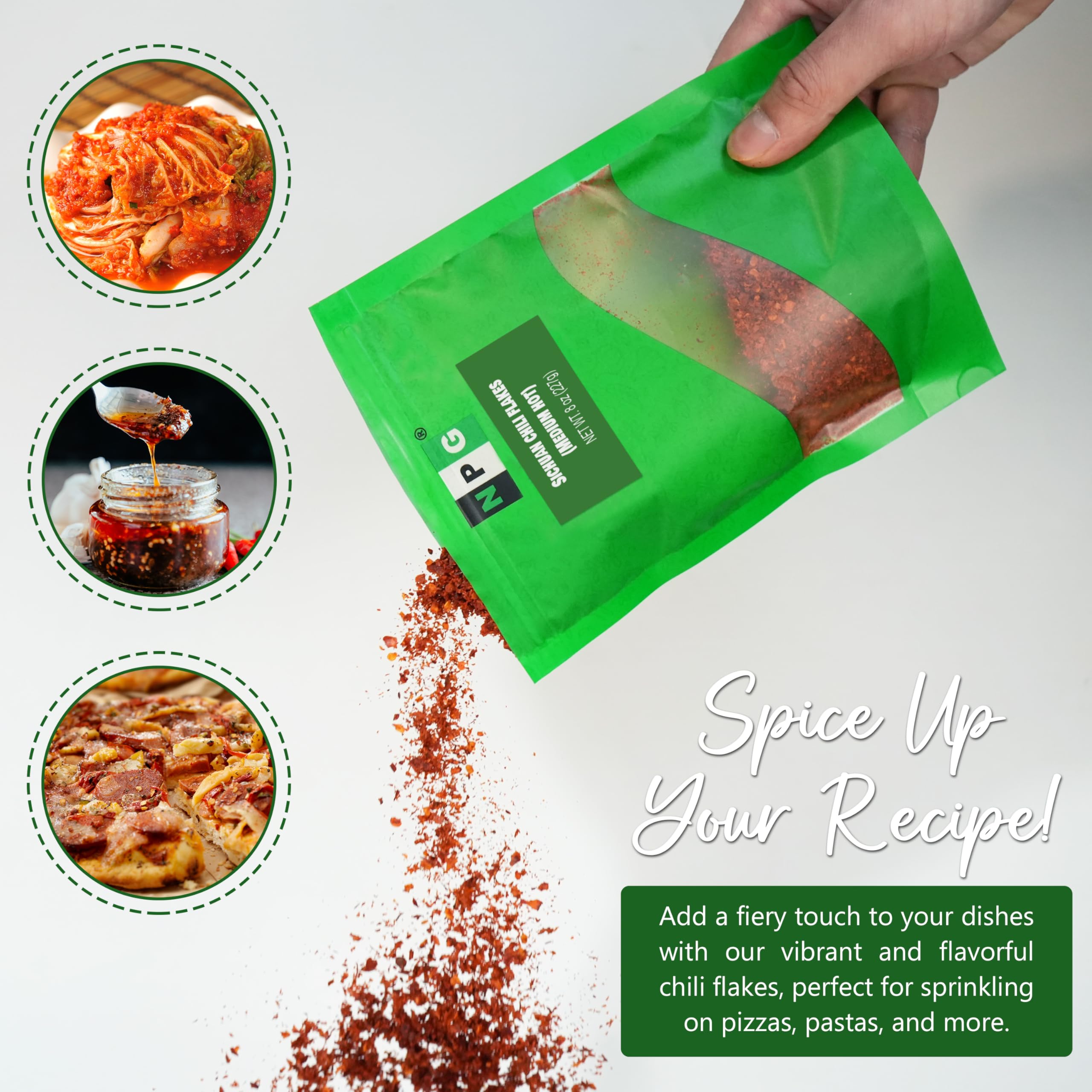 NPG hand-packed chili flakes in a resealable bag preserve freshness.