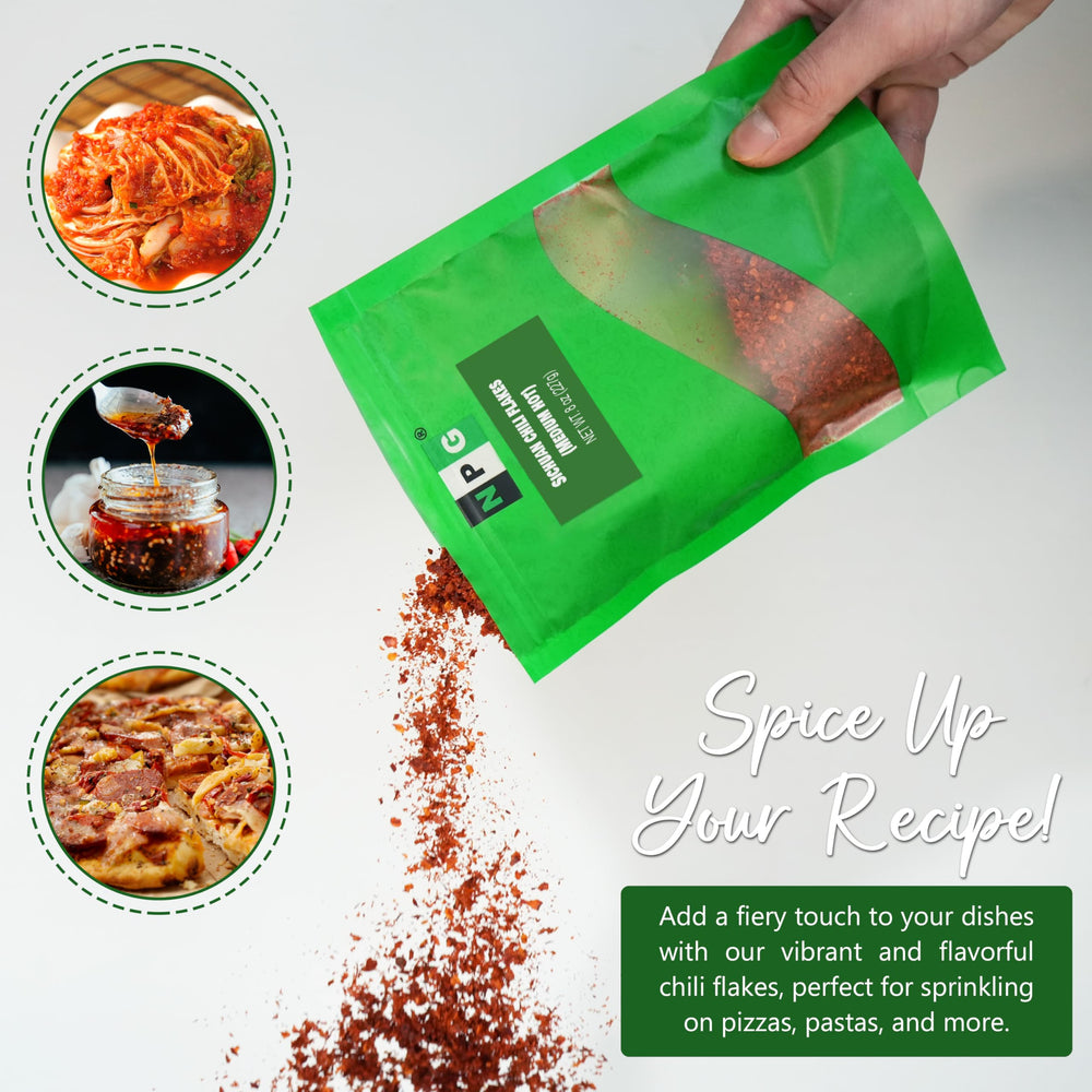 NPG hand-packed chili flakes in a resealable bag preserve freshness.