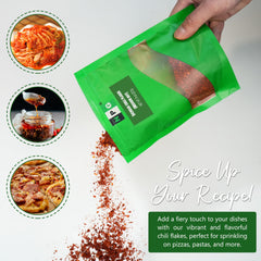 NPG hand-packed chili flakes in a resealable bag preserve freshness.