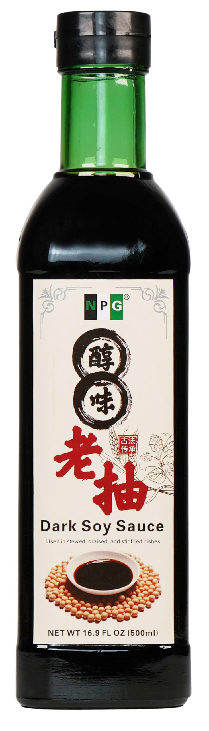 NPG Premium Dark Soy Sauce bottle in glass preserves rich flavor for cooking.