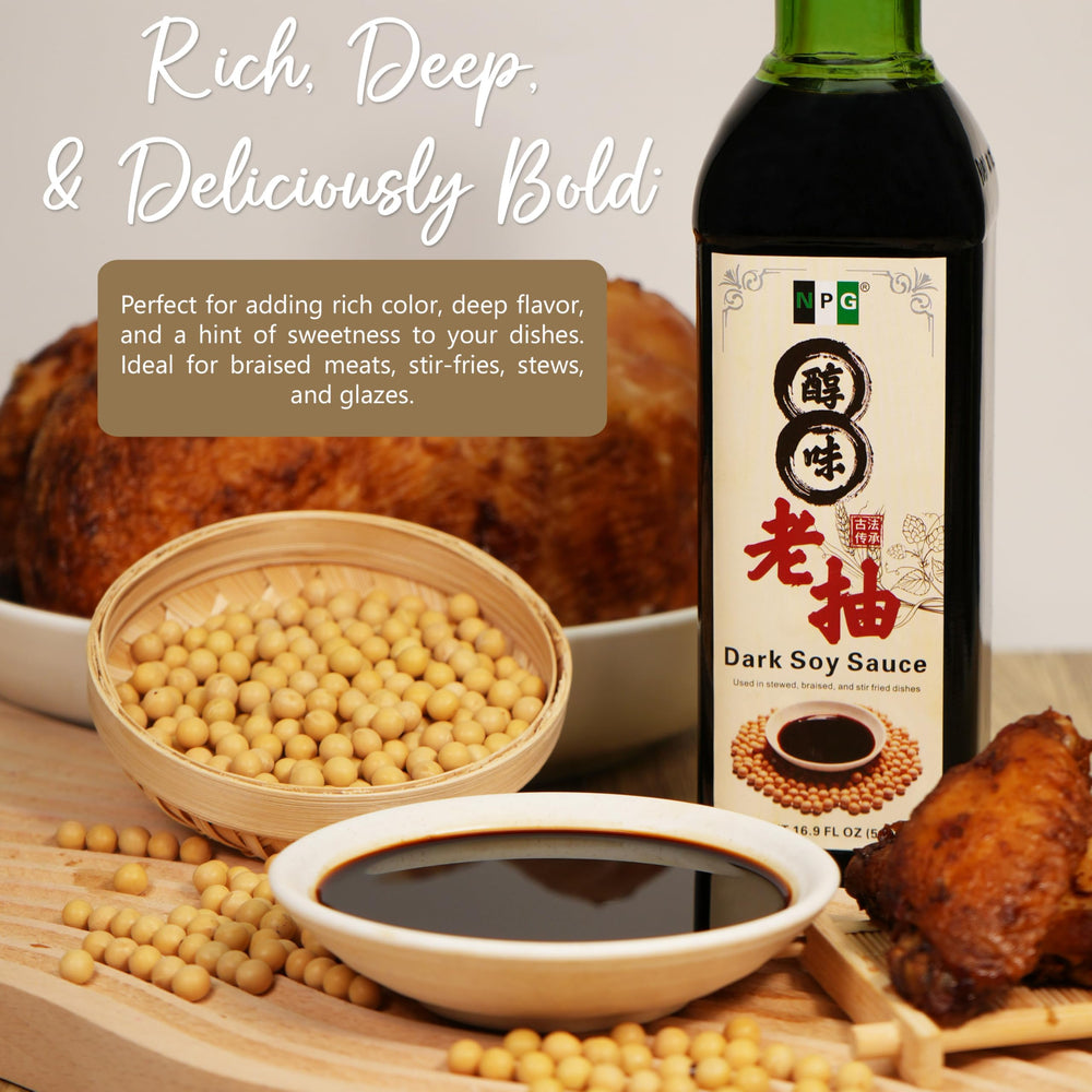 NPG Premium Dark Soy Sauce pours over a sizzling stir-fry to deepen color.