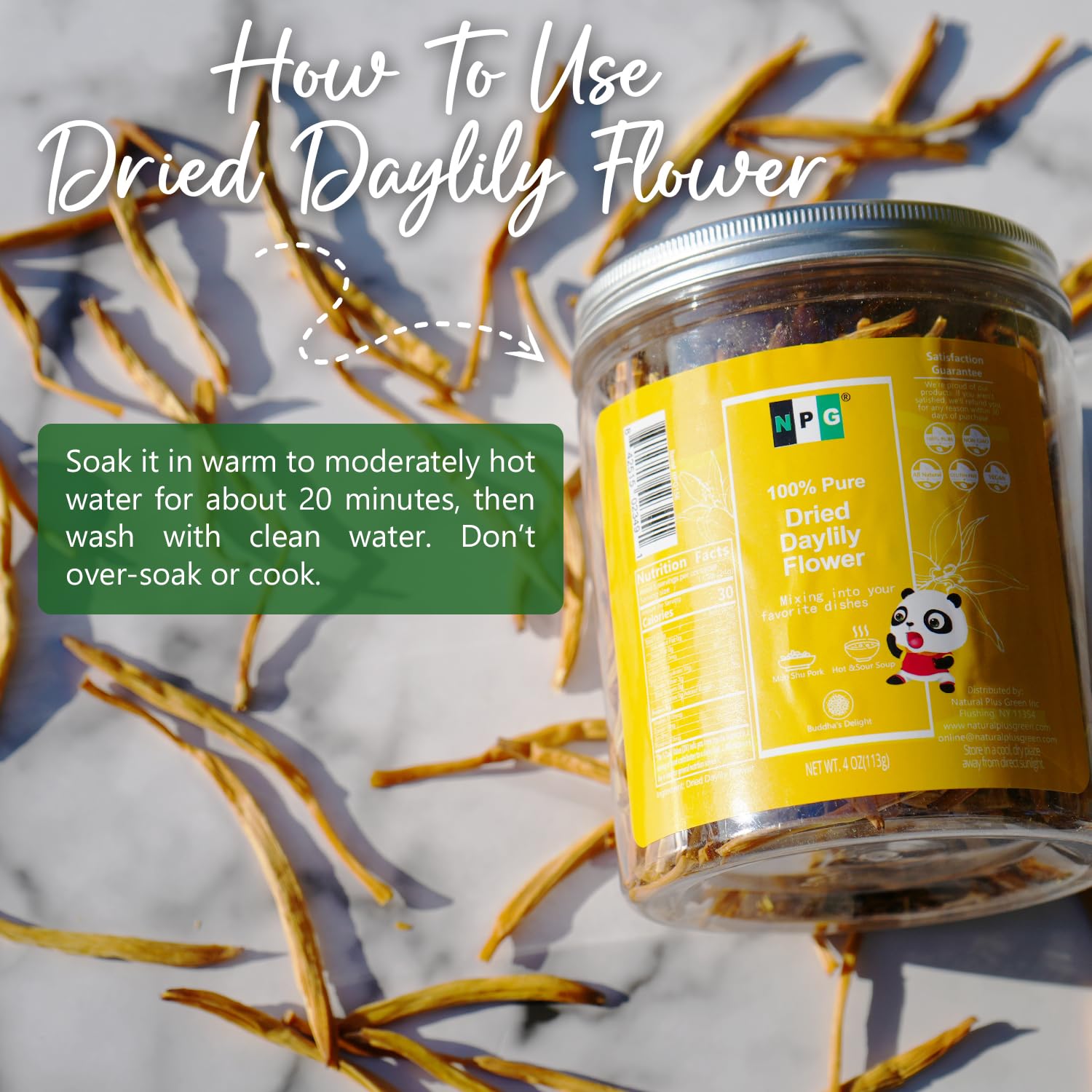 Dried lily buds in resealable pouch for long-lasting pantry storage.