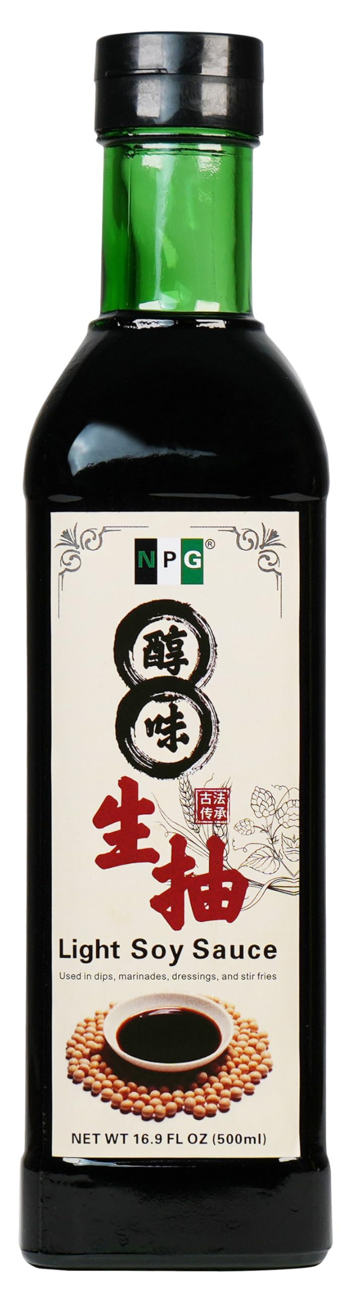 NPG Premium Light Soy Sauce bottle pour highlights balanced umami for sushi and noodles.