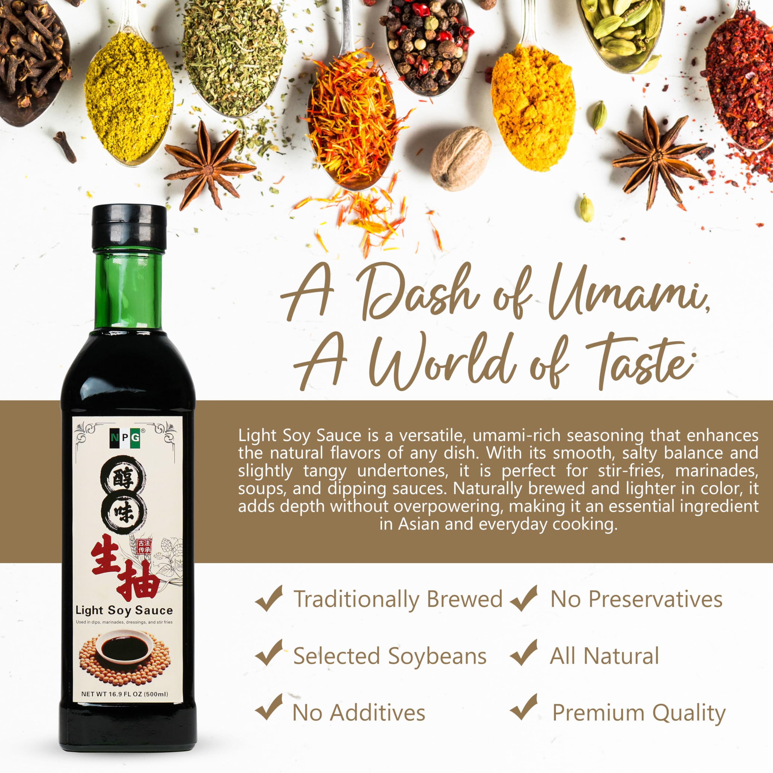 NPG Premium Light Soy Sauce glass bottle closeup showcasing premium packaging and clarity.