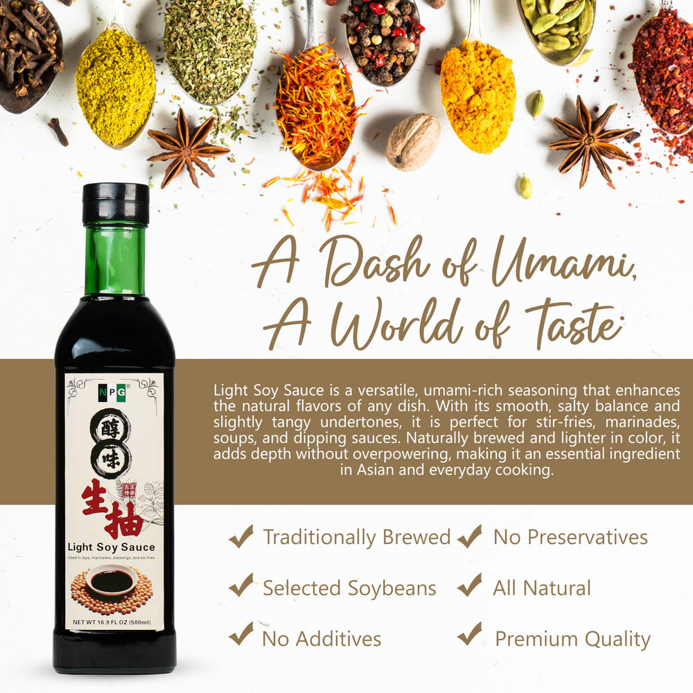 NPG Premium Light Soy Sauce glass bottle closeup showcasing premium packaging and clarity.
