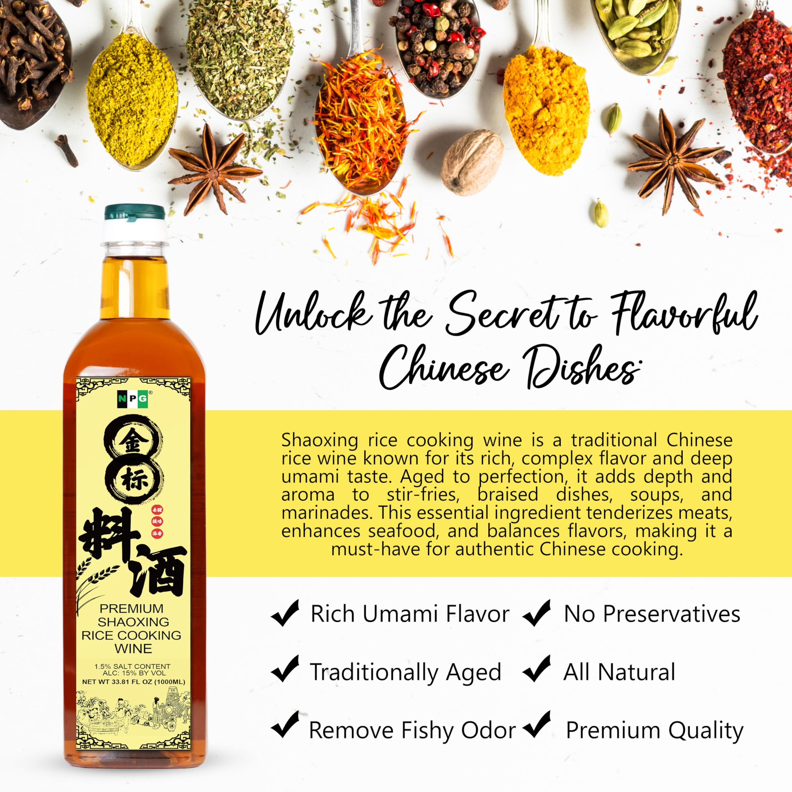 Kitchen counter with NPG Shaoxing wine ready for Asian-inspired dinners