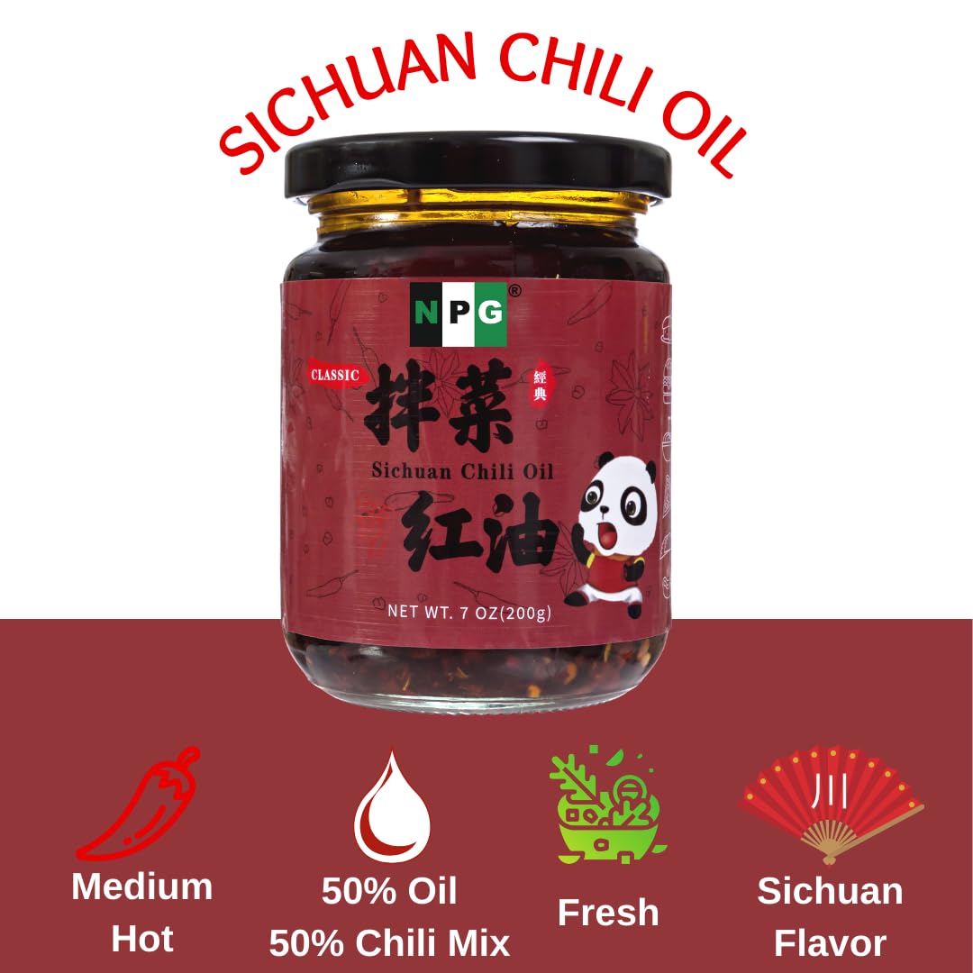 Pouring NPG Sichuan Chili Crisp Oil onto a dish for bold flavor
