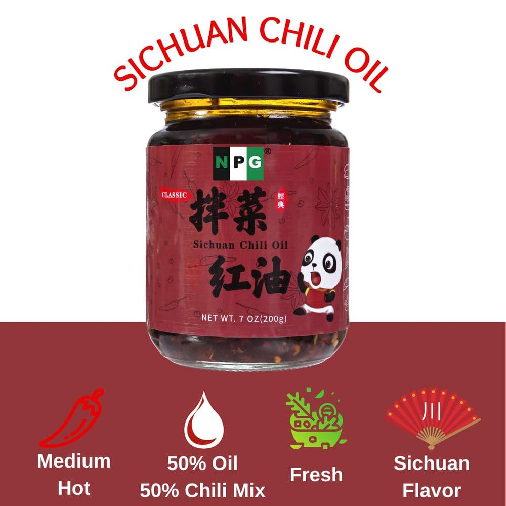 Pouring NPG Sichuan Chili Crisp Oil onto a dish for bold flavor