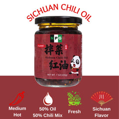 Pouring NPG Sichuan Chili Crisp Oil onto a dish for bold flavor