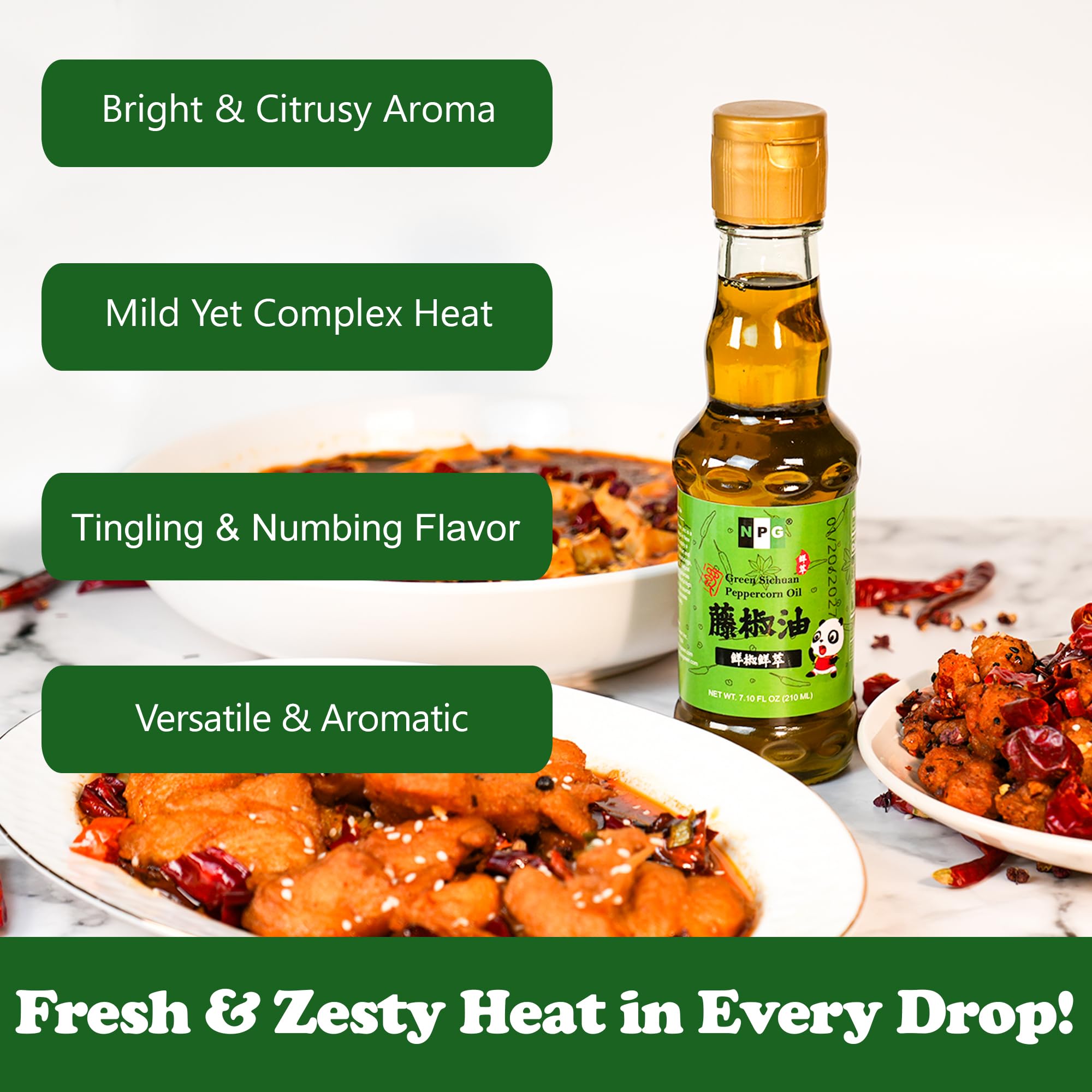 Glass bottle stores NPG oil for long-lasting flavor in your kitchen.