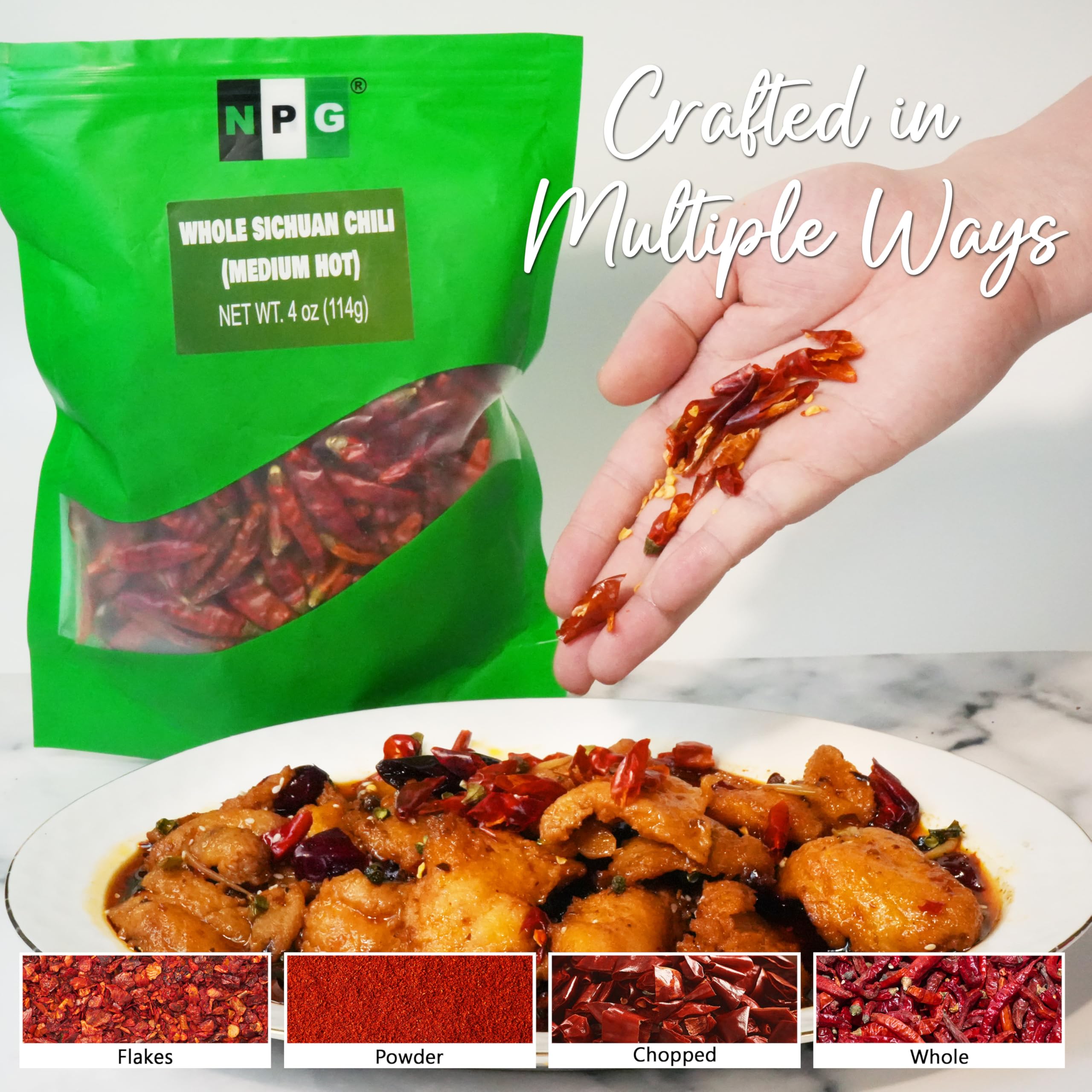 NPG Sichuan red chili peppers added to a hot pot dish for medium heat.