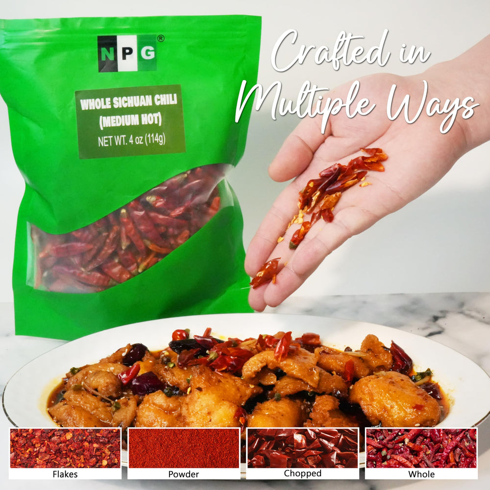 NPG Sichuan red chili peppers added to a hot pot dish for medium heat.