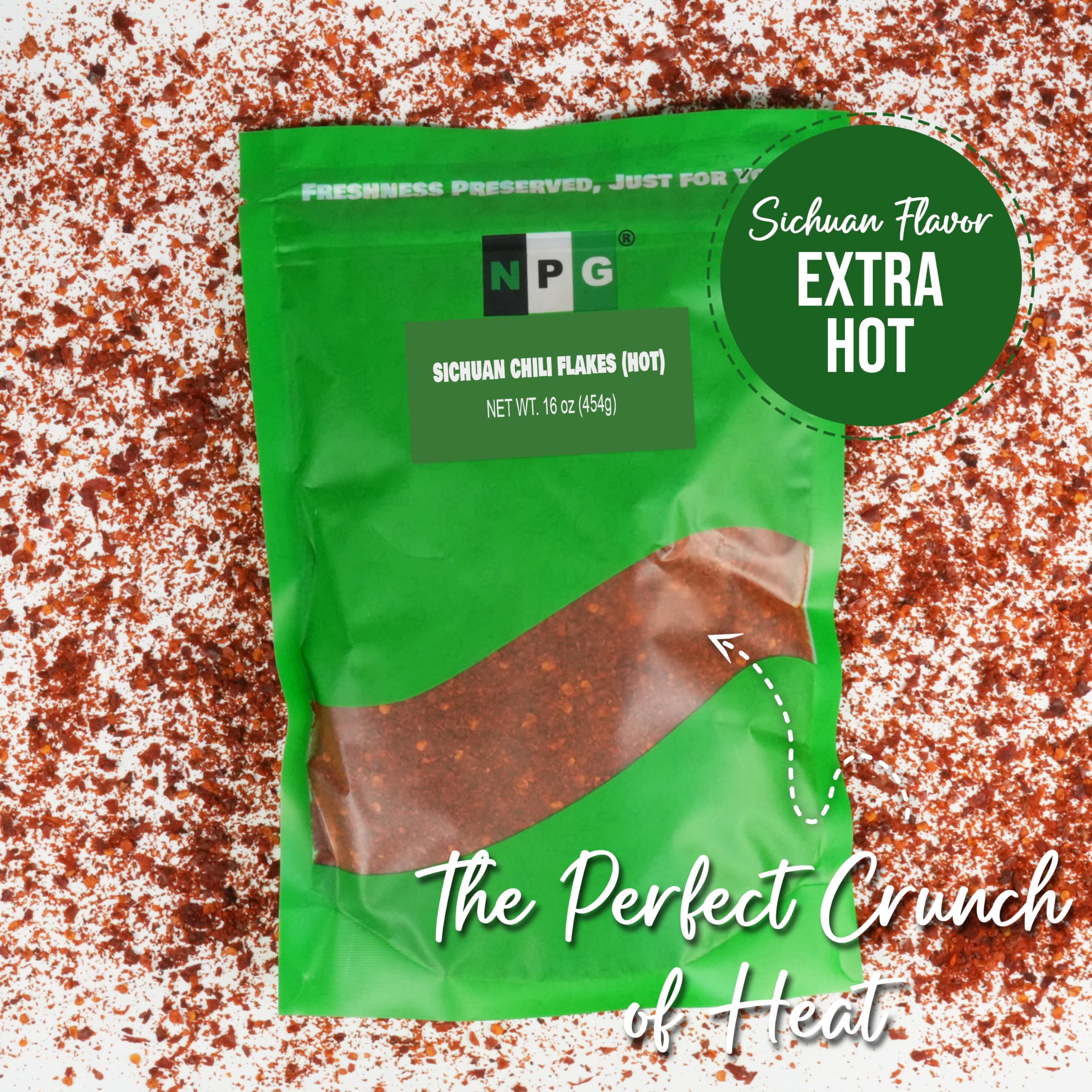 NPG chili flakes sprinkled on pizza or tacos for bold heat