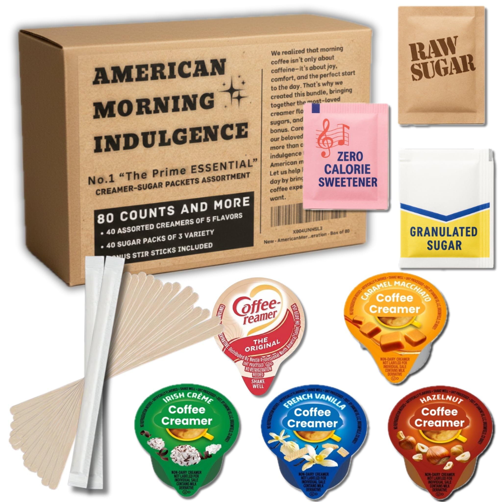 NSPARK American Morning Indulgence box showing five creamer flavors for versatile coffee.