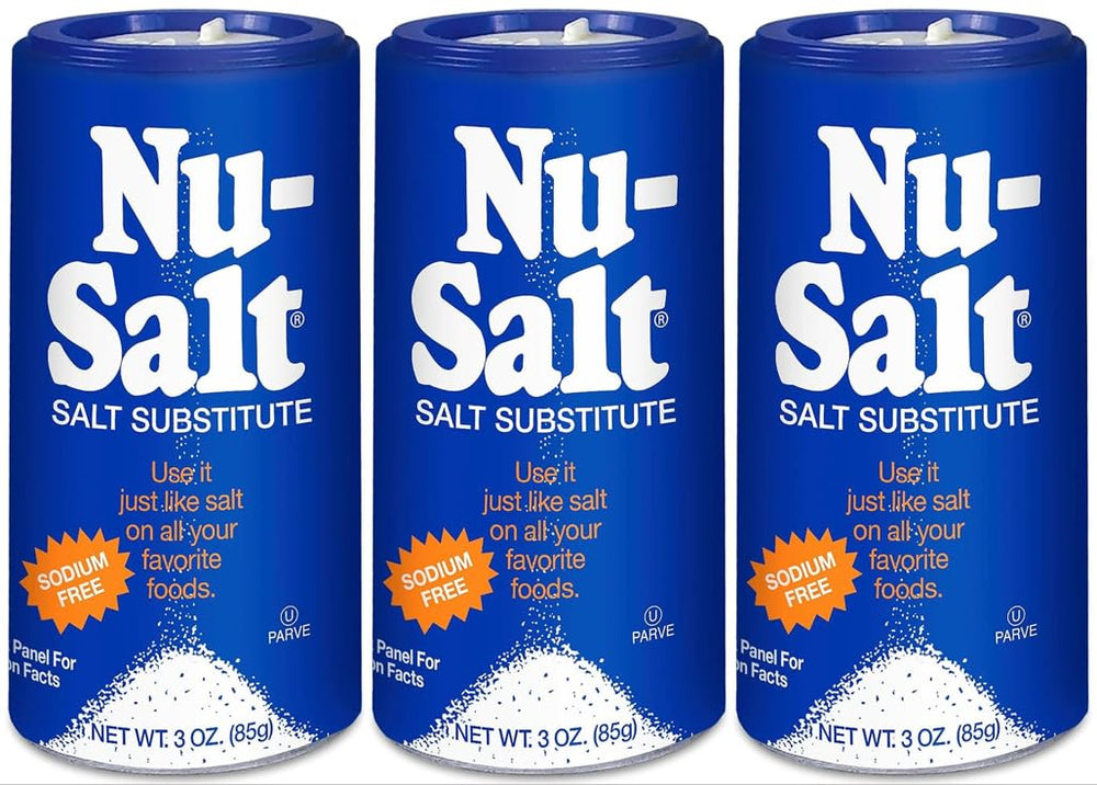NU-SALT balance bottle pour demonstrates a sodium-free seasoning for everyday meals.