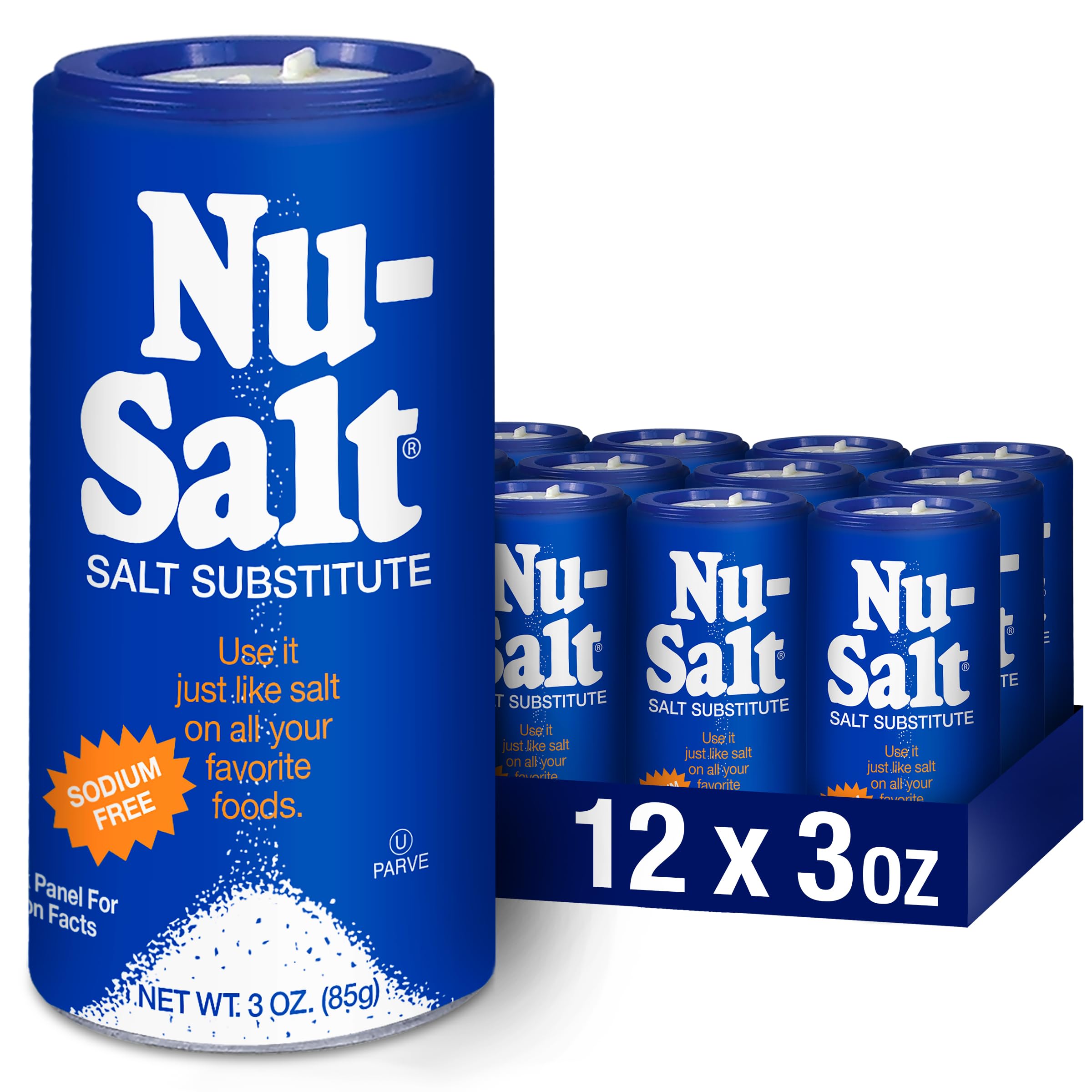 NU-SALT bottle shows sodium-free salt substitute ready to season meals.
