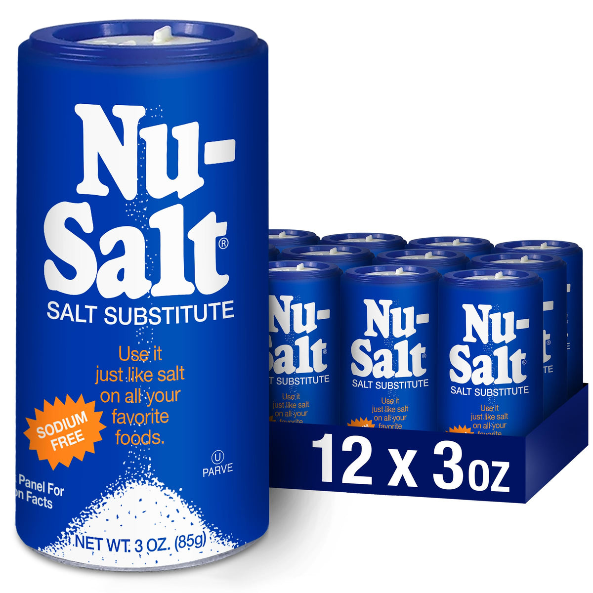 NU-SALT bottle shows sodium-free salt substitute ready to season meals.