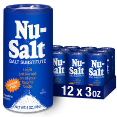 NU-SALT bottle shows sodium-free salt substitute ready to season meals.