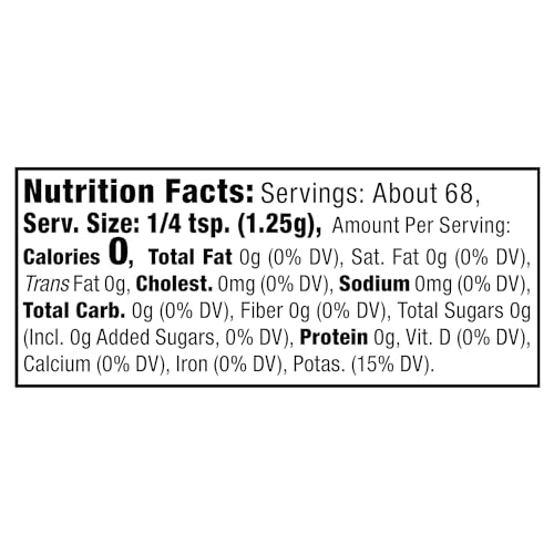NU-SALT shaker closeup highlights potassium chloride base for seasoning without sodium.