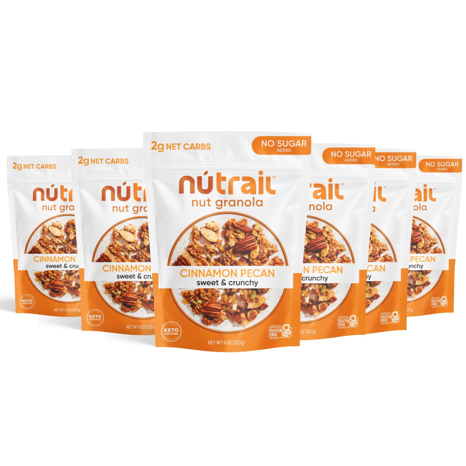 NuTrail Cinnamon Pecan granola bowl showing no sugar added