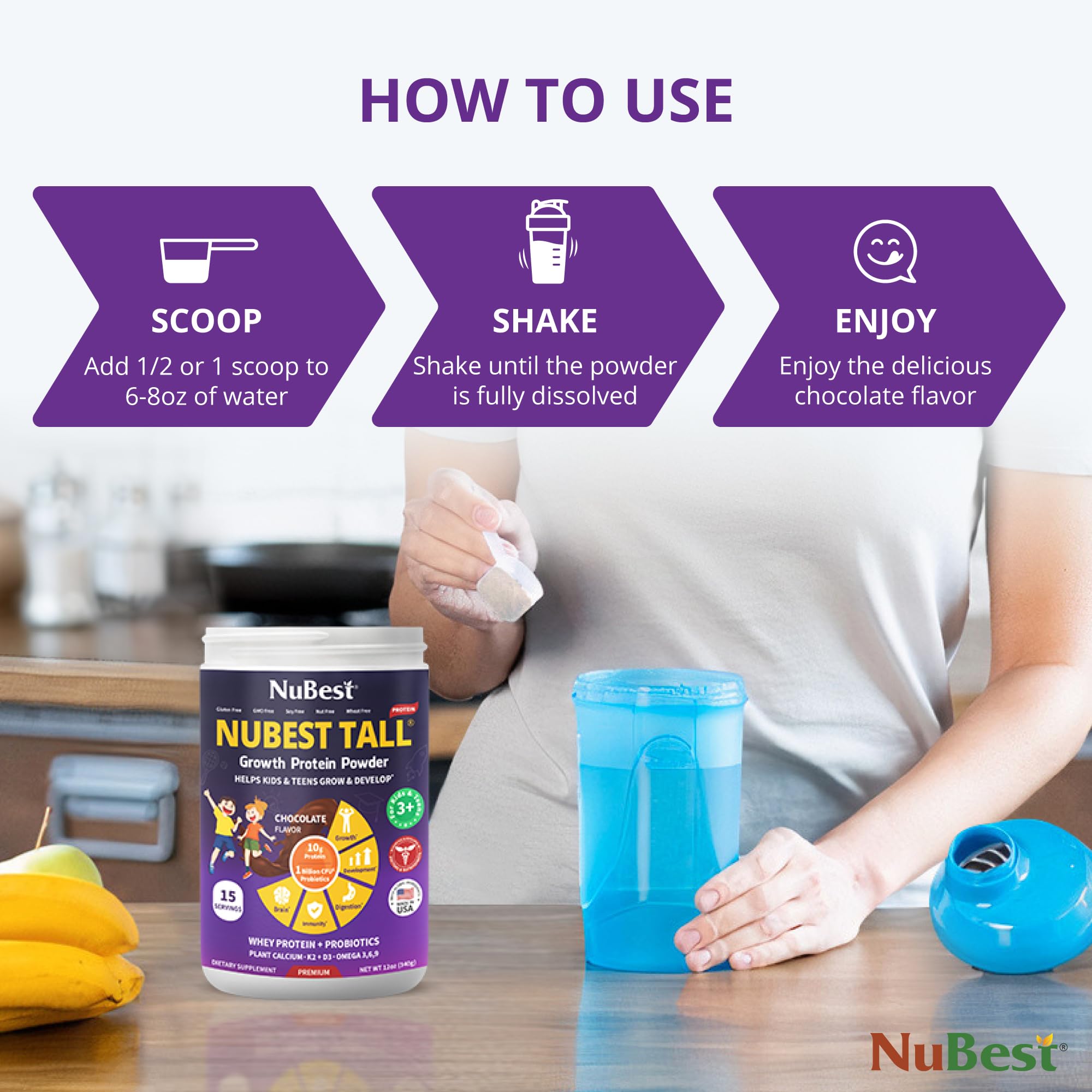 NuBest Tall Protein Powder easy mix into breakfast or after-school shake.