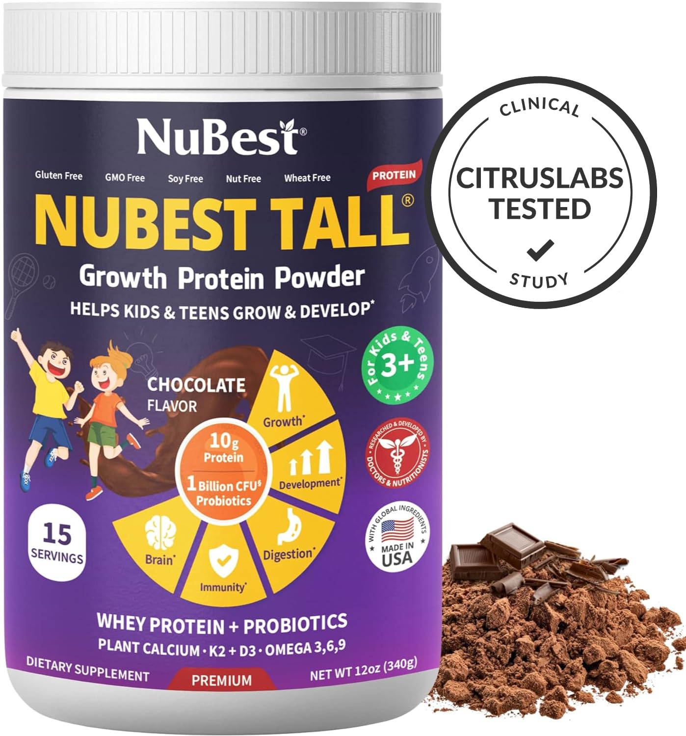 NuBest Tall Protein Powder kids shake with 1B CFU probiotics for gut health.