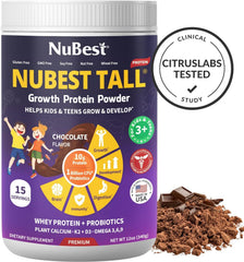 NuBest Tall Protein Powder kids shake with 1B CFU probiotics for gut health.