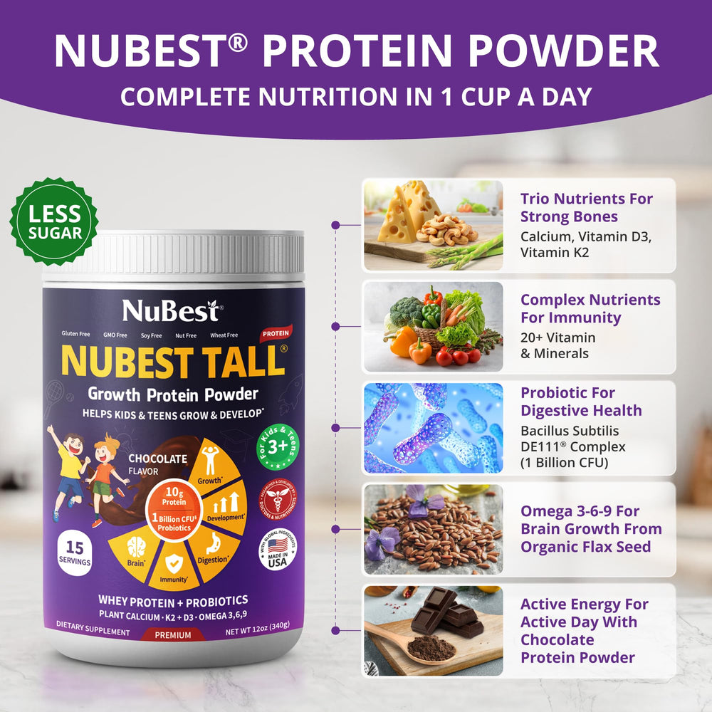 NuBest Tall Protein Powder with marine algae calcium boosts calcium absorption.