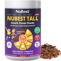 NuBest Tall Protein Powder for Kids chocolate tub with probiotic formula supports digestion.