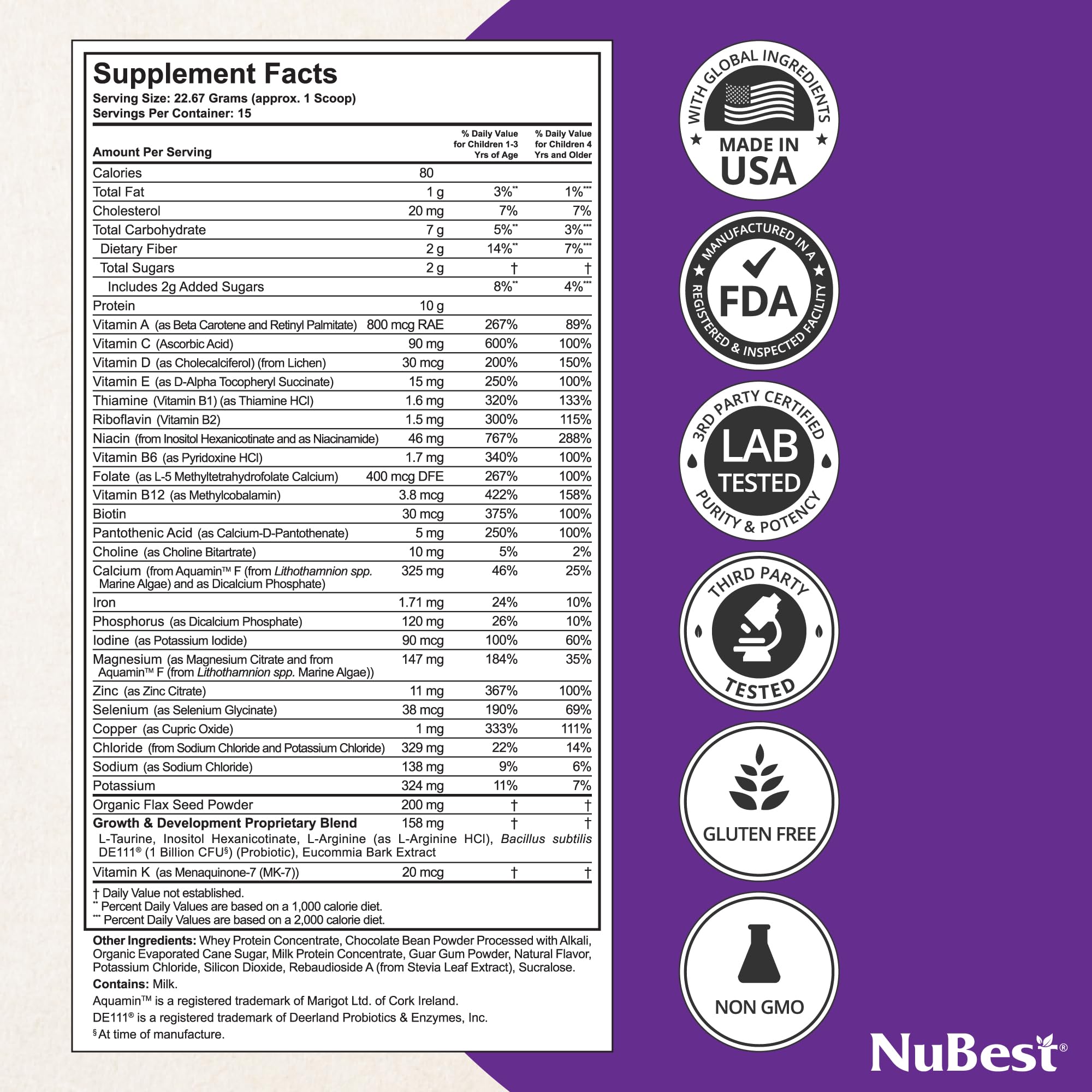 NuBest Tall Protein Powder for Kids chocolate shake supports energy for active days.