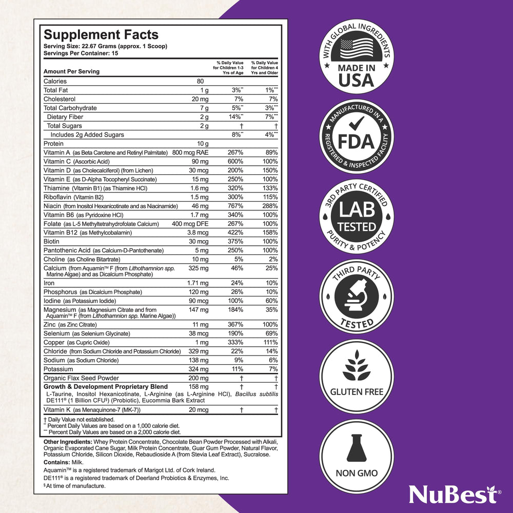 NuBest Tall Protein Powder for Kids chocolate shake supports energy for active days.