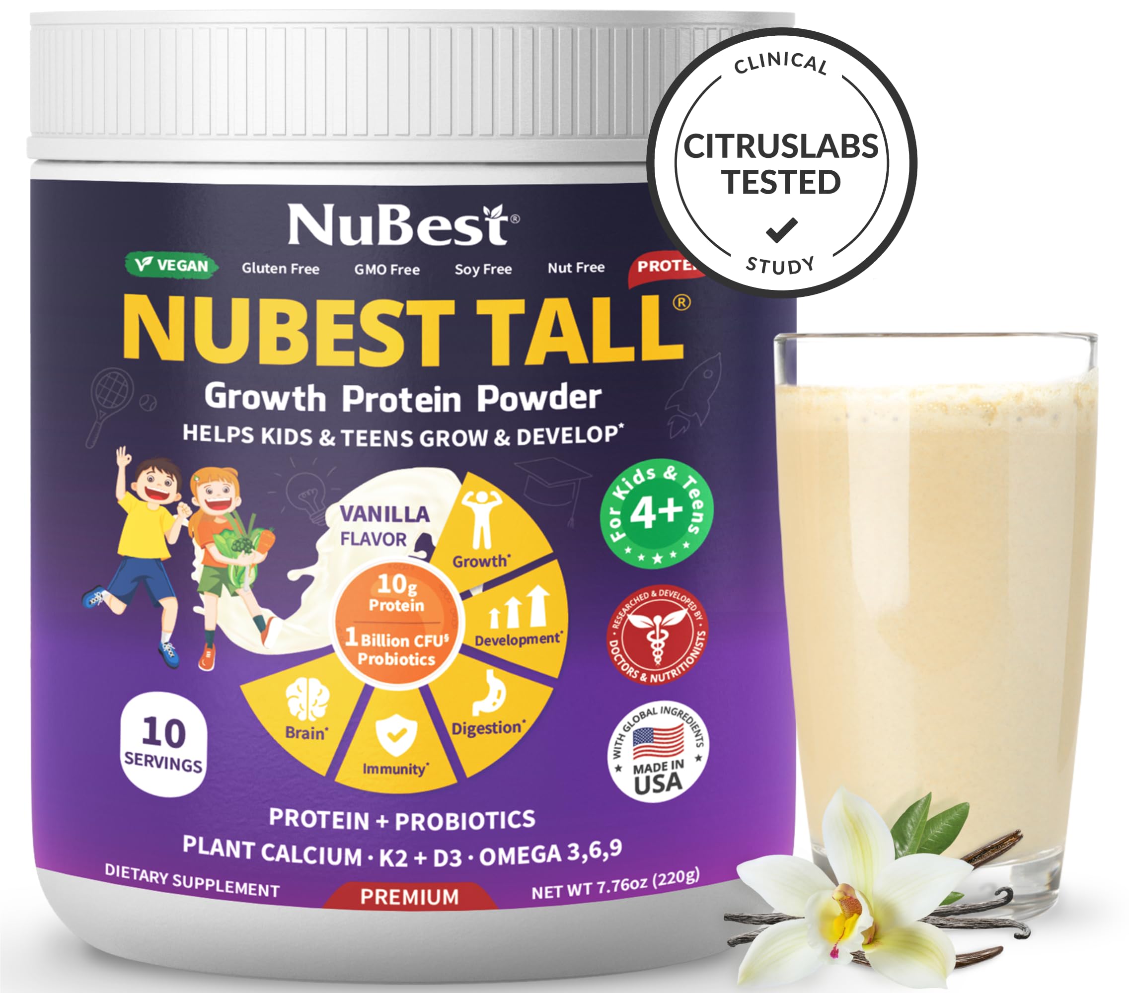 NuBest Tall Vanilla tub nutrition panel shows 10 g protein.