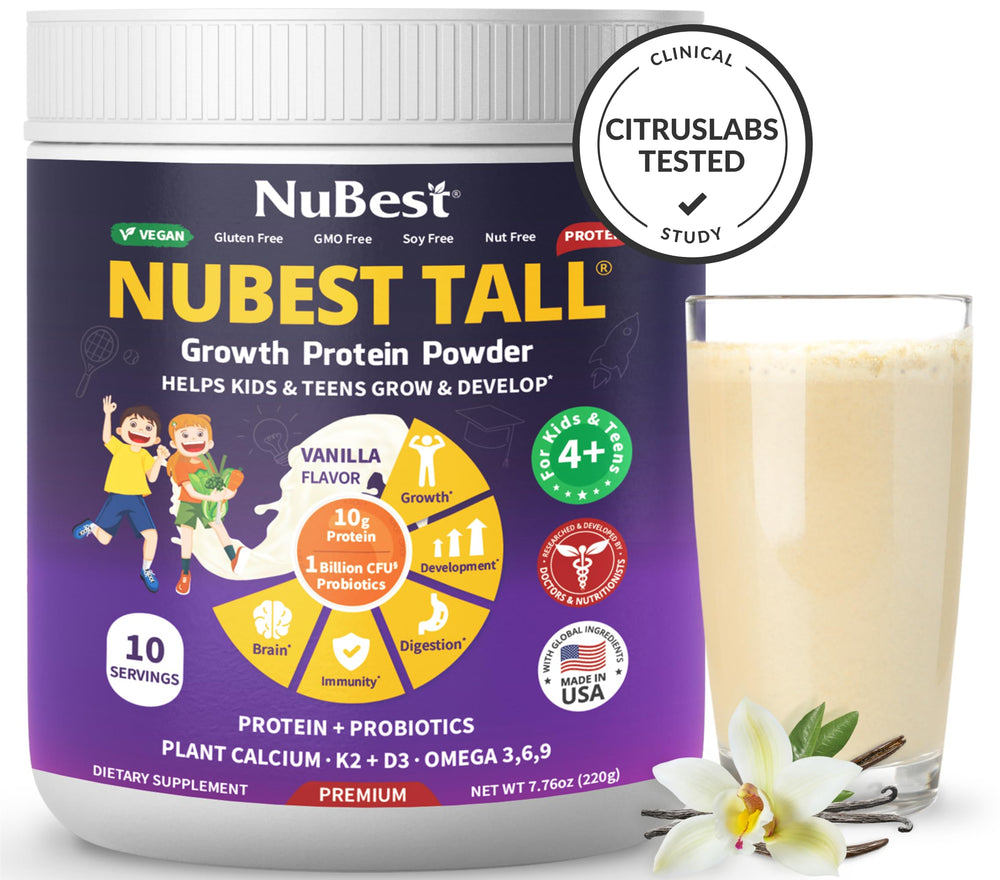 NuBest Tall Vanilla tub nutrition panel shows 10 g protein.