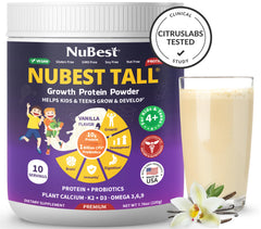NuBest Tall Vanilla tub nutrition panel shows 10 g protein.
