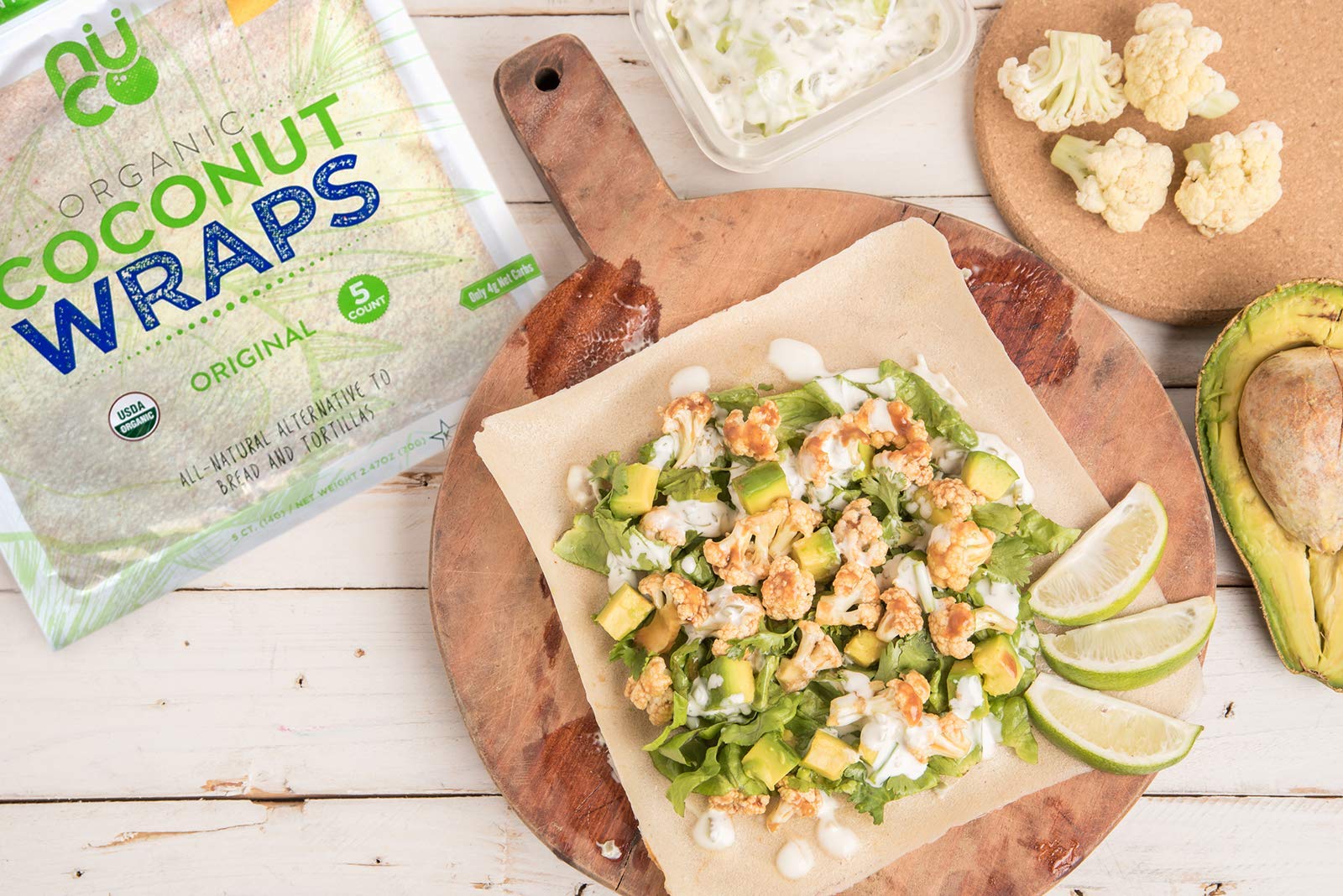 NUCO coconut wraps on pantry shelf with long shelf life.