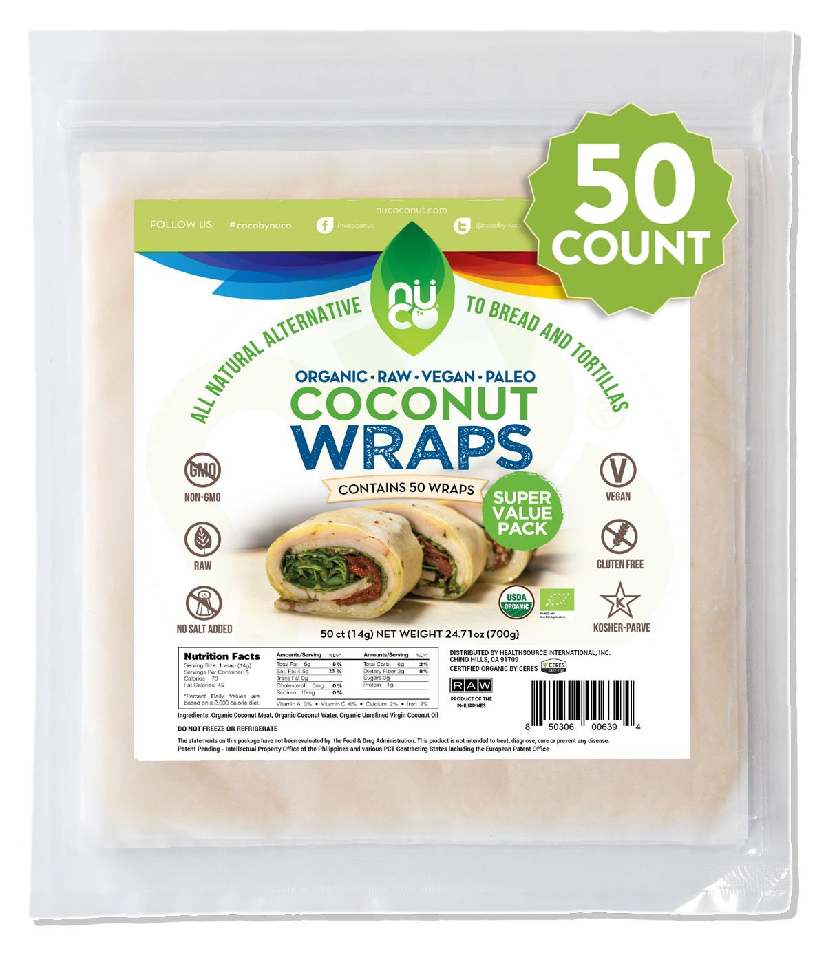 NUCO coconut wraps packaging highlights organic, paleo-friendly option for quick meals.