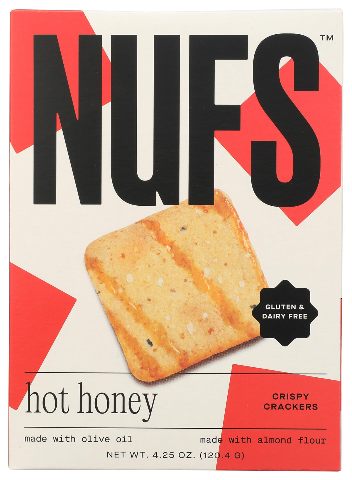 Nufs Crispy Hot Honey crackers packaging, premium snack option on the go.
