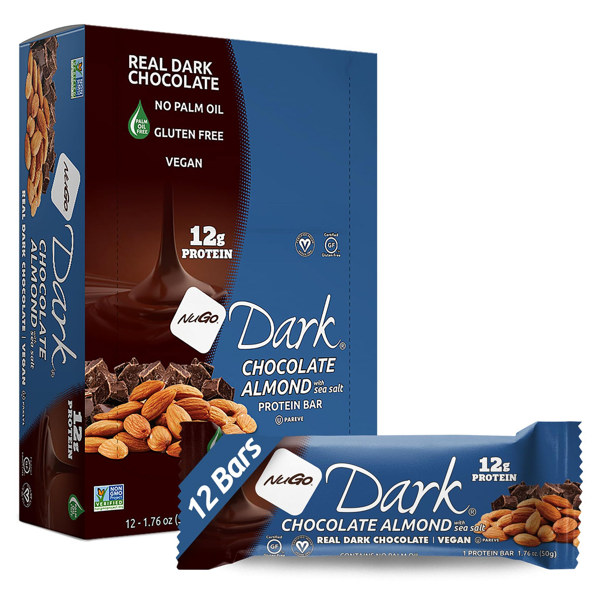NuGo Dark Almond Sea Salt bar with rich chocolate for a protein-packed snack.