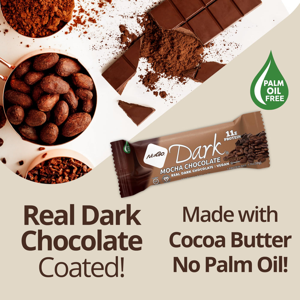Kosher Pareve NuGo Dark bar presented for dietary compatibility.