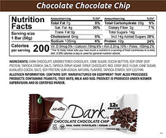 Pack of 12 NuGo Dark Chocolate Chip bars for convenient snacking.