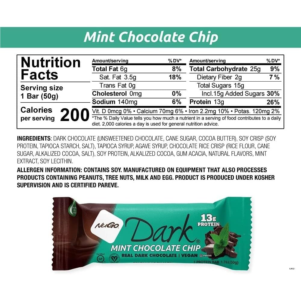 NuGo Dark Chocolate Mint Chip alongside vegan and kosher pareve certification logos.
