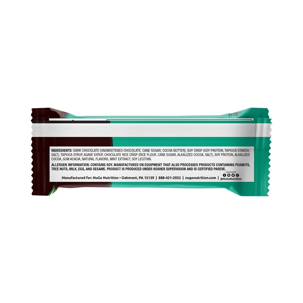 NuGo bar with visible mint chips and cocoa, a decadent yet wholesome treat.