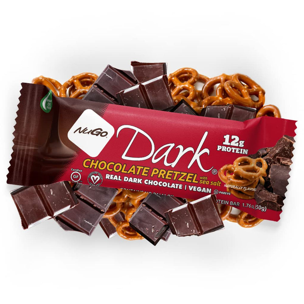 NuGo Dark Chocolate Pretzel Bar at work, convenient protein boost.