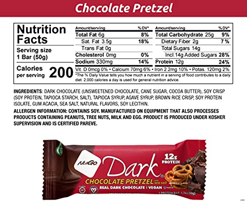 NuGo Dark Chocolate Pretzel Bar sea salt cross-section reveals chocolate and pretzel texture.
