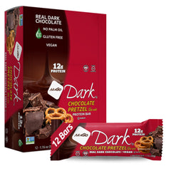 NuGo Dark Chocolate Pretzel Bar with sea salt package close-up, showcasing premium ingredients.