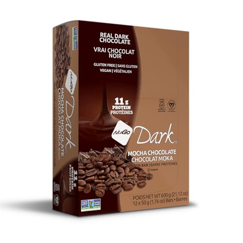 NuGo Dark Chocolate Mocha bar unwrapped with cross-section showcasing real dark chocolate coating.