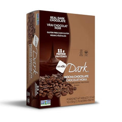 NuGo Dark Chocolate Mocha bar unwrapped with cross-section showcasing real dark chocolate coating.