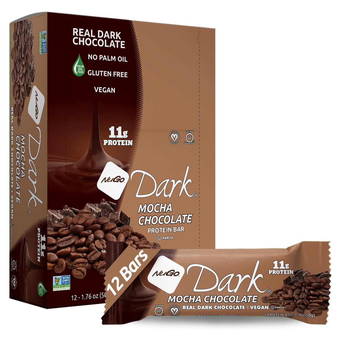 NuGo Dark Chocolate Mocha pack front view, a convenient protein snack for coffee lovers.