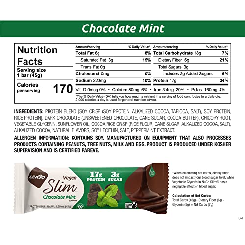 NuGo Slim Dark Chocolate Mint bar bite showing mint coating and protein